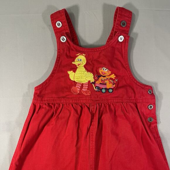 Rare Vintage Sesame Street 4T Red Overalls Big Bird Zoe Embroidered Wagon - Picture 5 of 10